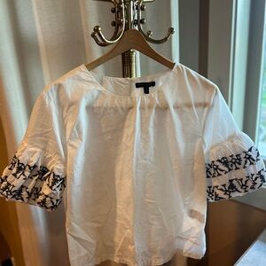 Banana Republic White Short-Sleeve Blouse with Navy Embroidered Ruffle Sleeves